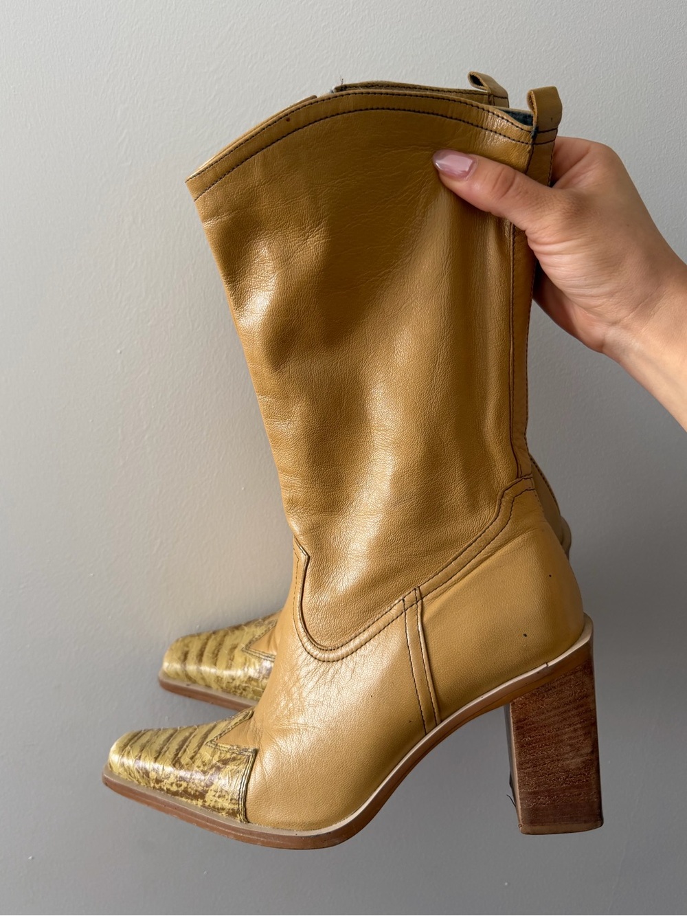 Vintage Nine West Leather Cowboy Reptile Mid-Calf Heeled Boots